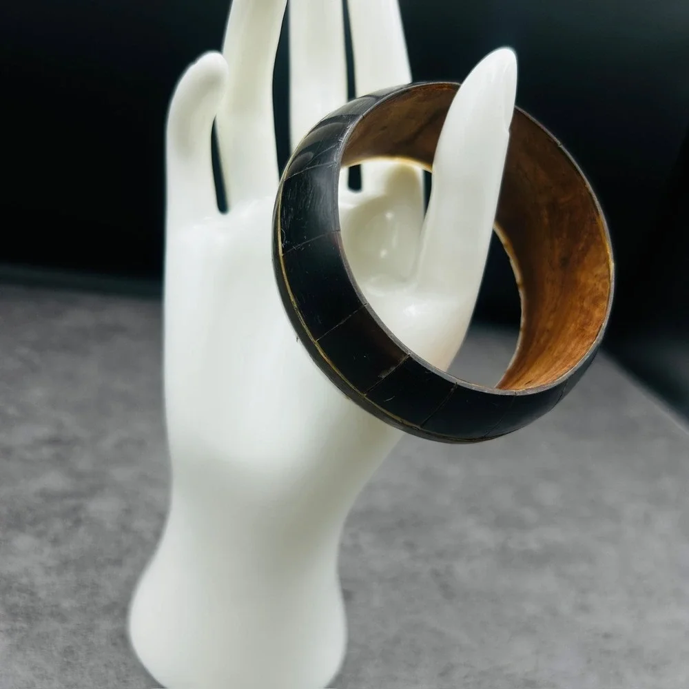 Vintage Inlaid Wood & Brass Bangle Bracelet Boho Artisan Style‎